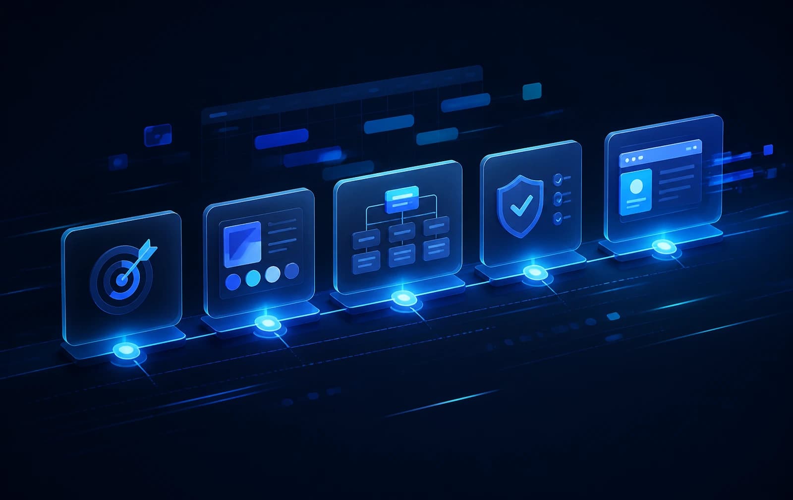 Illustration: a row of glowing app screens on a path, from a target to a launched product