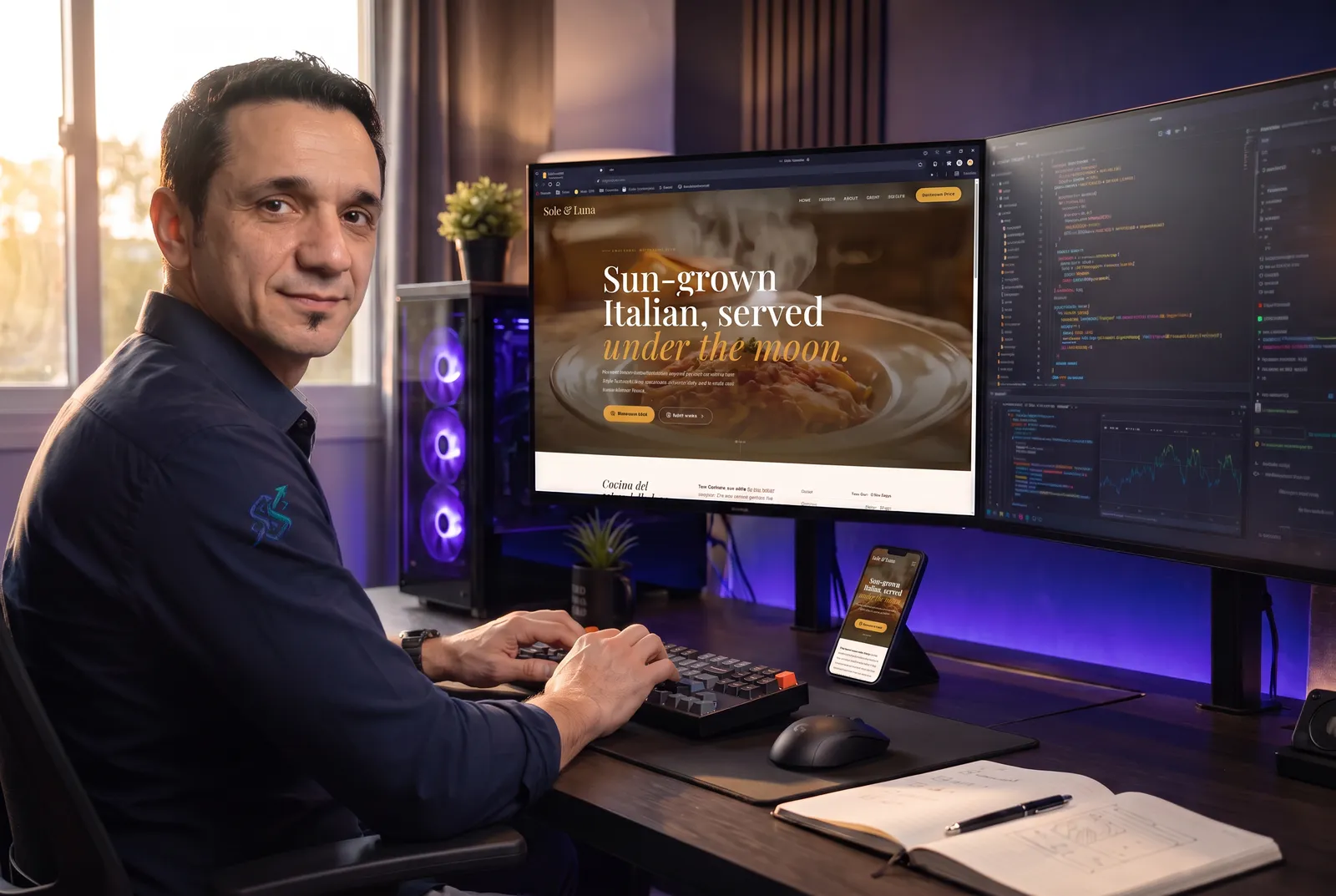 Ivan Sessa at his desk, building a restaurant's website: the site on one screen, the code on the other