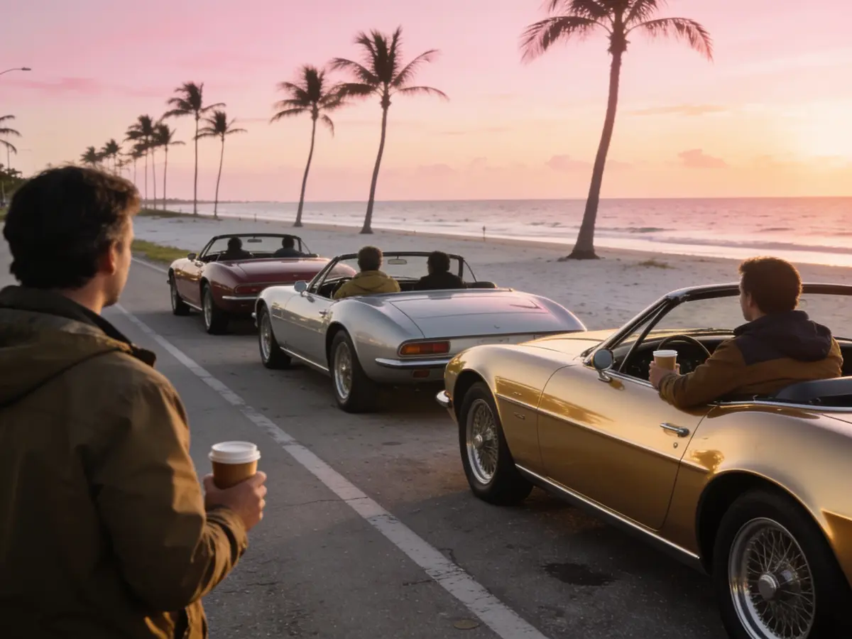 Classic cars parked by the beach at sunrise