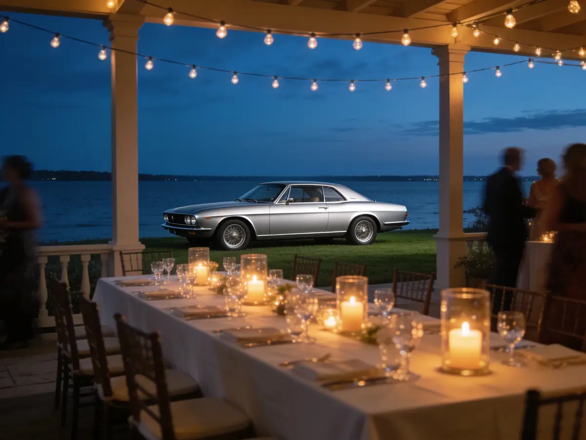 A candlelit dinner table on the waterfront