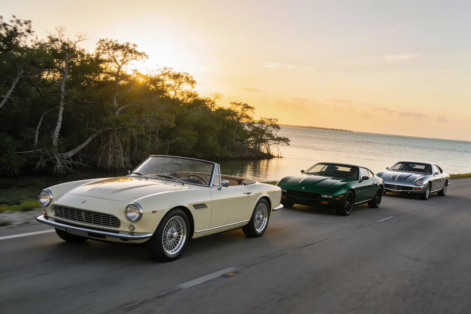 Three classic cars on a coastal road at dawn