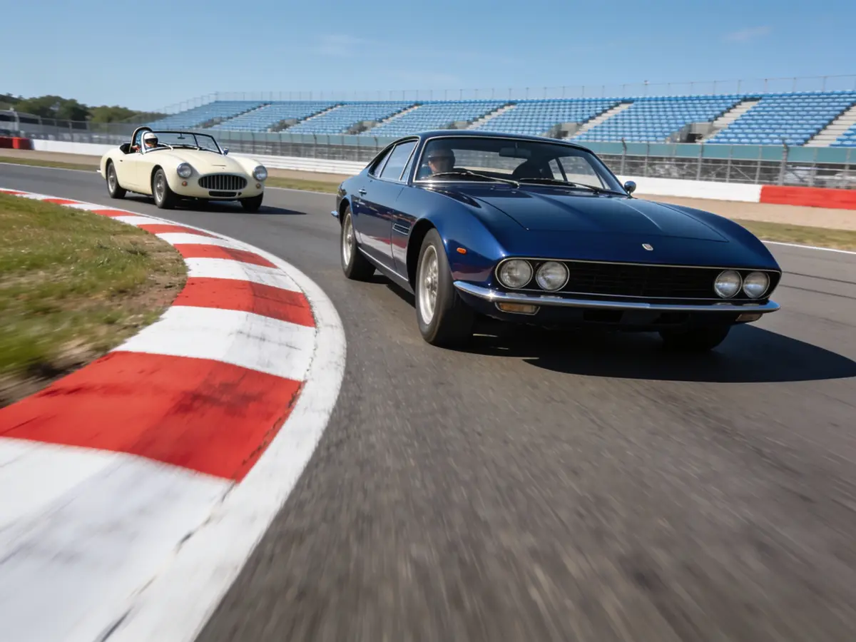 A blue classic coupe on a circuit