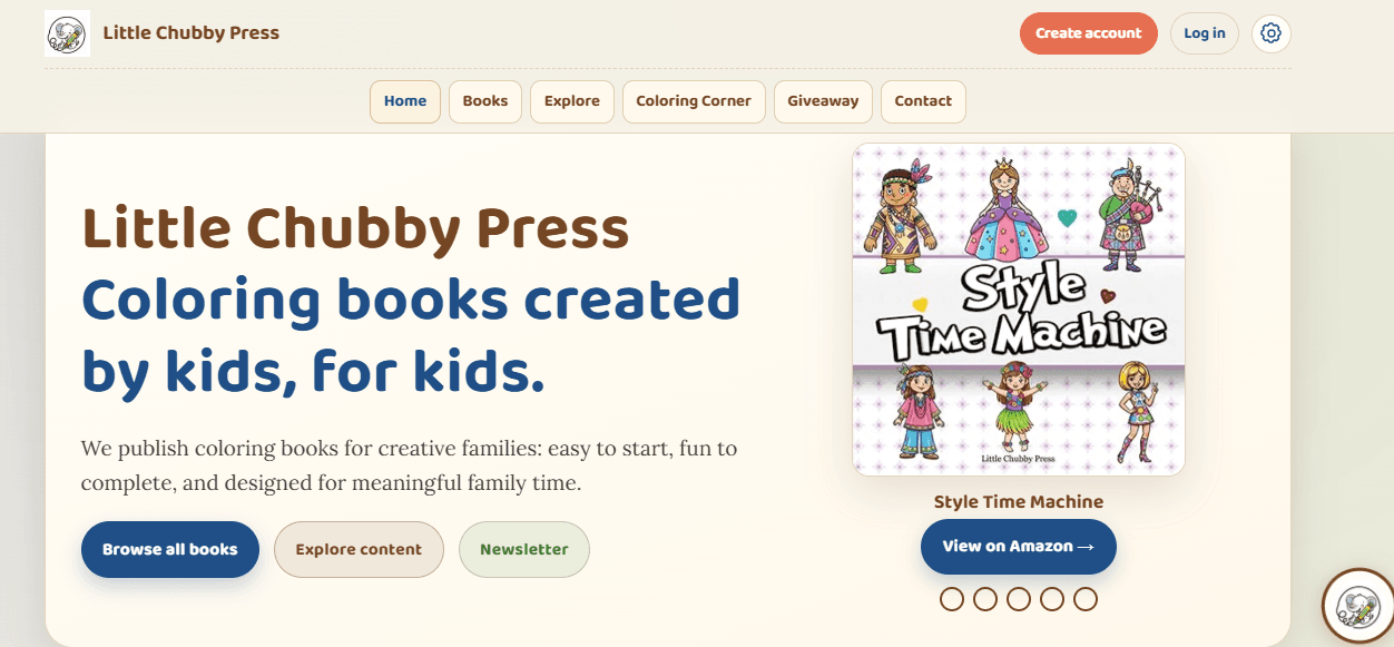 Little Chubby Press storefront screenshot showing a polished publishing brand and coloring book product grid.