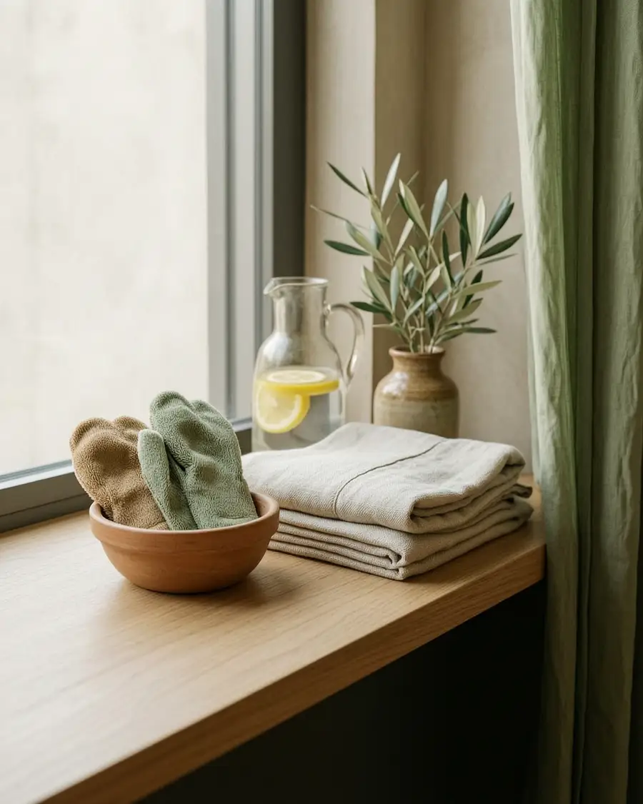 Grip socks, towels and water on the entrance shelf