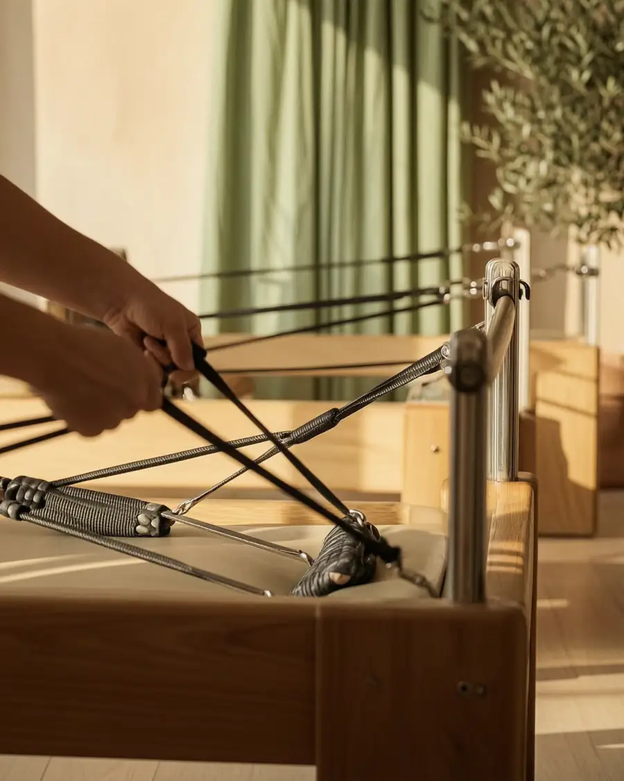 Hands on the reformer straps in morning light