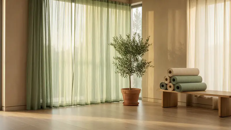 The yoga side of the room: rolled mats, a linen curtain, morning light
