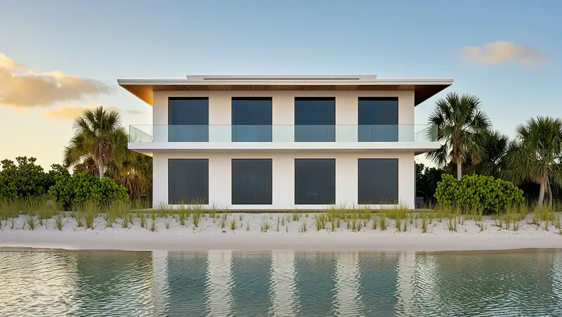 A white modern house on the beach at late afternoon, its windows still dark